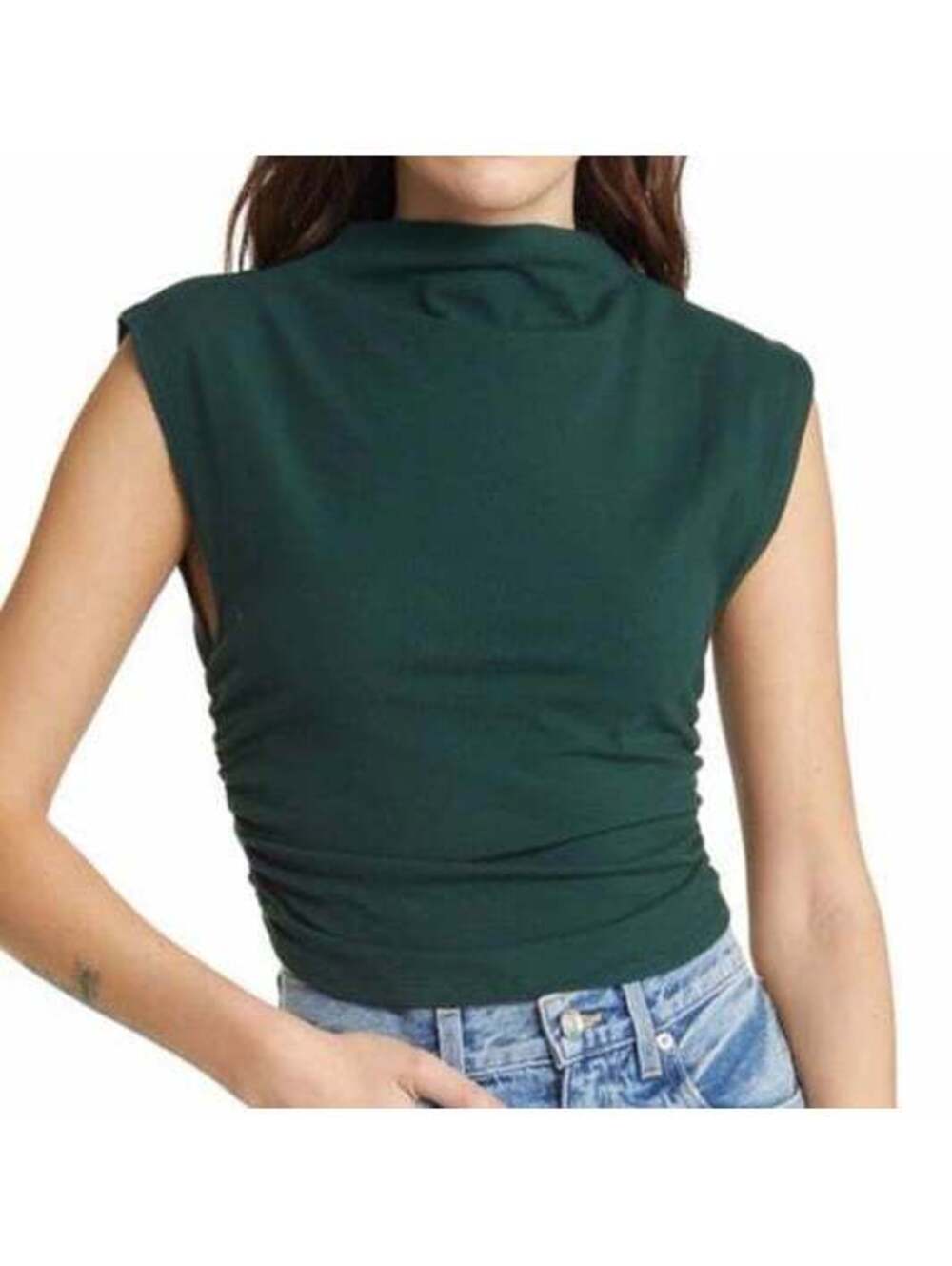 Reformation Lindy RuReformation Lindy Ruched Crop Top Green Sleeveless Mock Neck